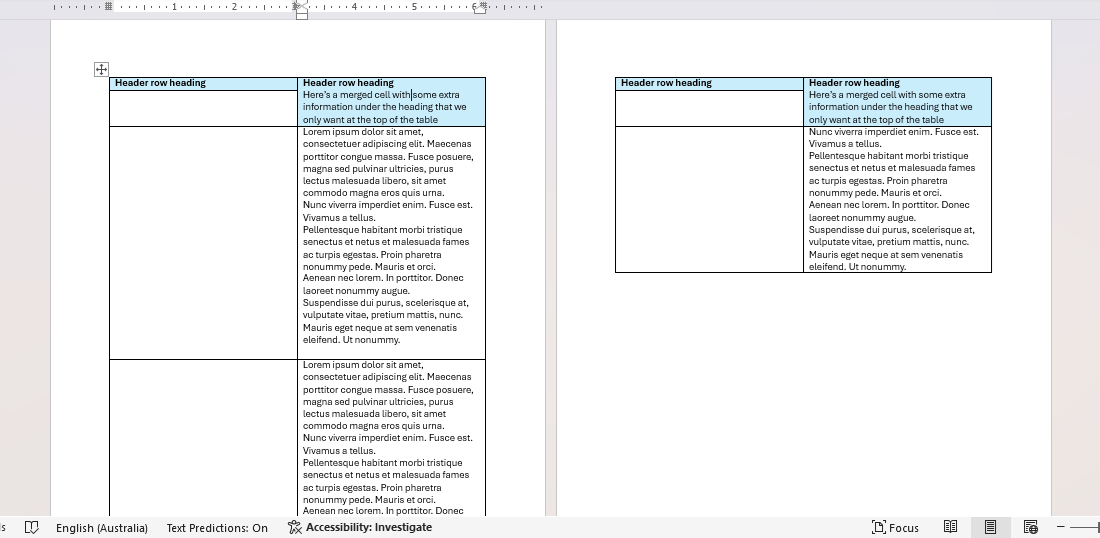 Header row with merged cells over multiple pages